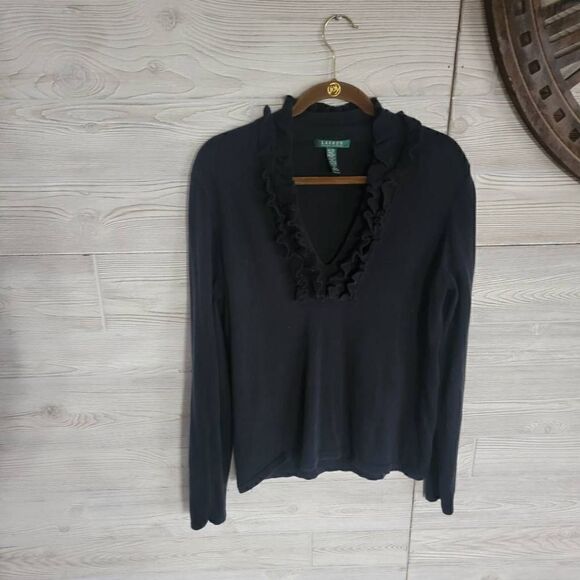 Lauren Ralph Lauren Ruffle Silk Sweater Women's SZ XL Black - Picture 1 of 5